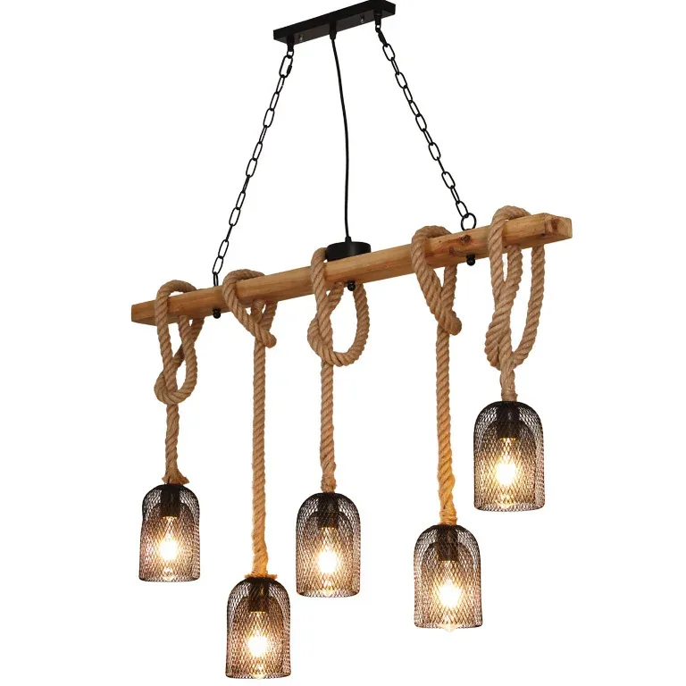 Lustre suspendu 5 têtes bois et corde style loft – Image 3