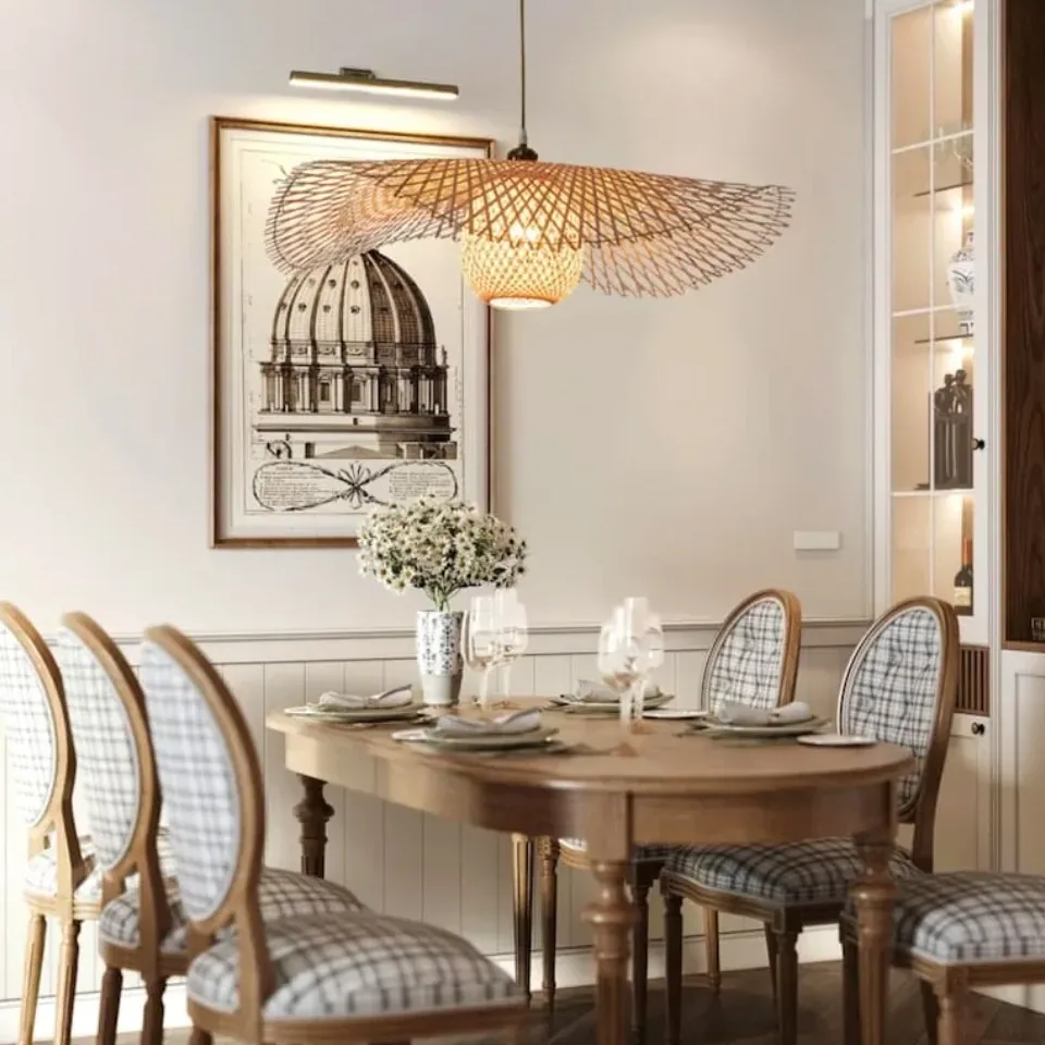 Lustre suspendu en bambou tissé E27 55 cm