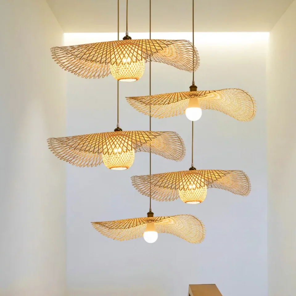 Lustre suspendu en bambou tissé E27 55 cm – Image 2