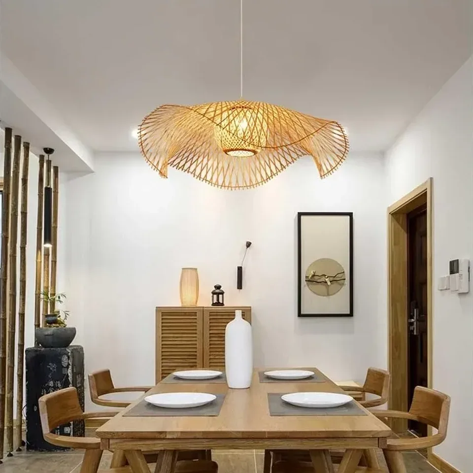 Lustre suspendu en bambou tissé E27 55 cm – Image 3