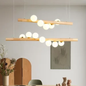Lustre suspendu linéaire en bois naturel G9