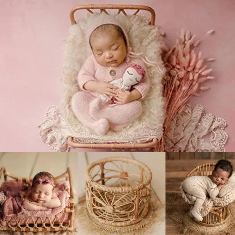 Mini lit bébé vintage en rotin pour photographie