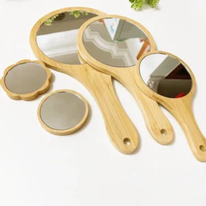 Miroir de maquillage rond portable en bambou