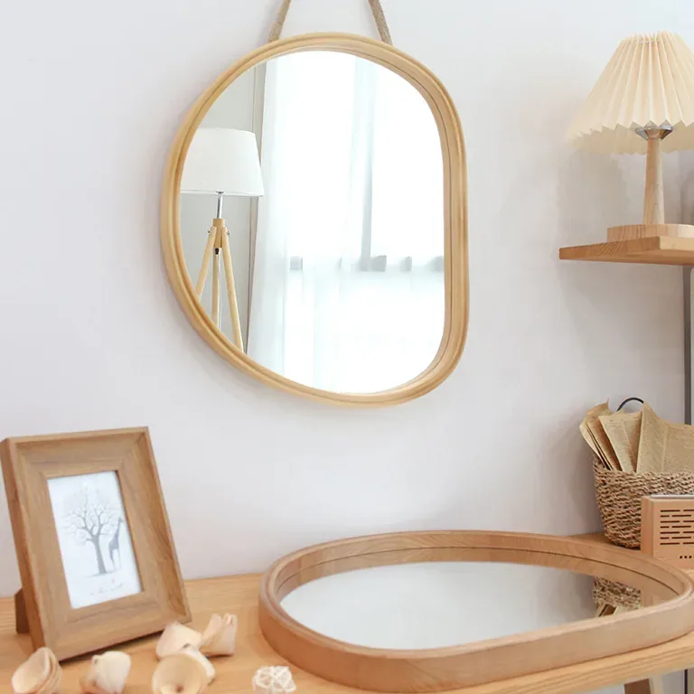 Miroir mural en bois style japonais rotin bambou – Image 2