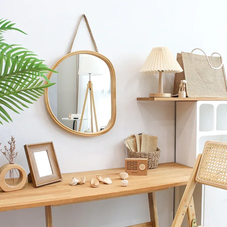 Miroir mural en bois style japonais rotin bambou – Image 4