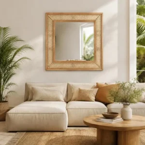 Miroir mural irrégulier en rotin et cadre bois