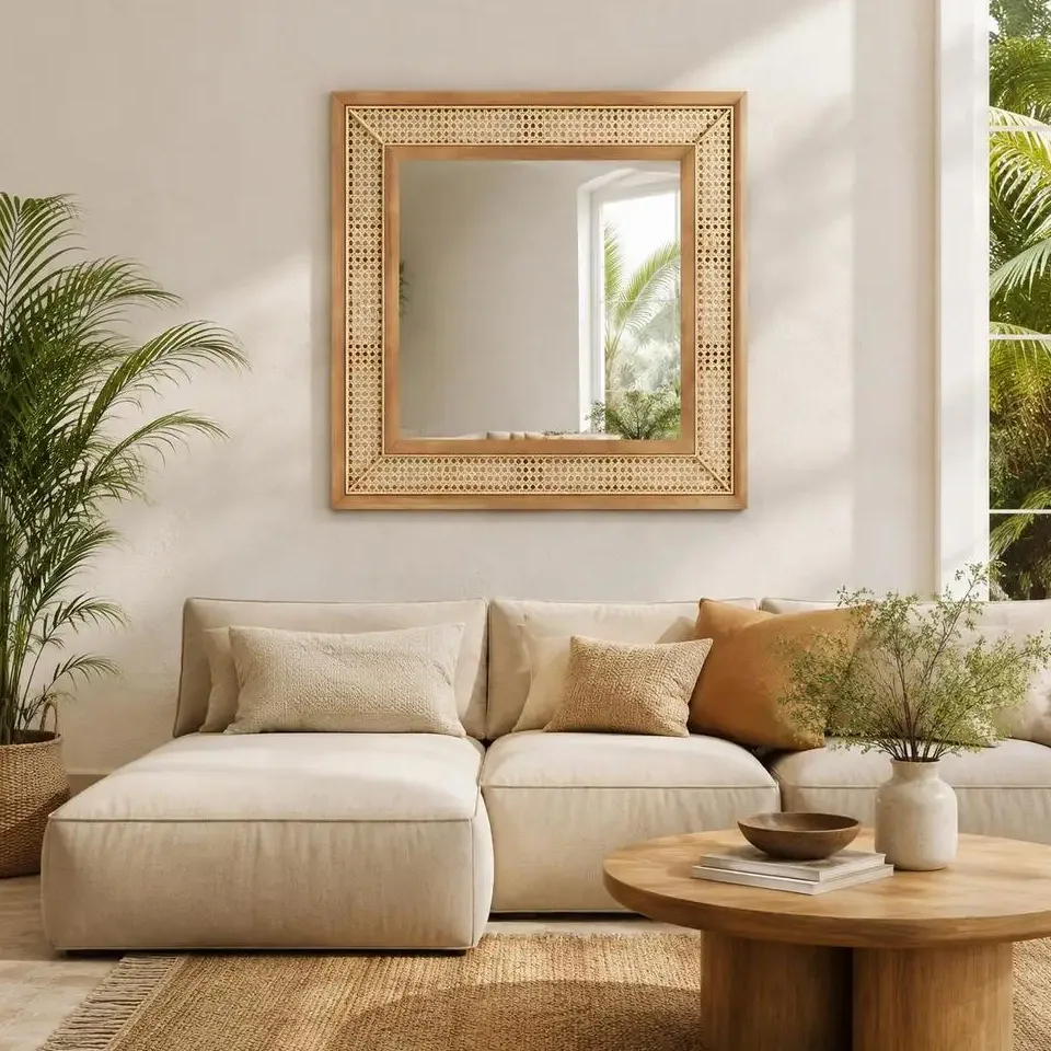 Miroir mural irrégulier en rotin et cadre bois