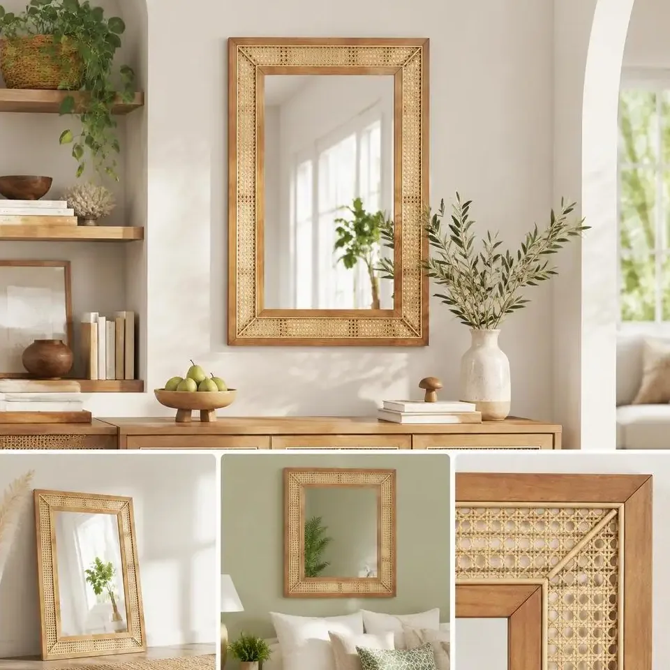 Miroir mural irrégulier en rotin et cadre bois – Image 2