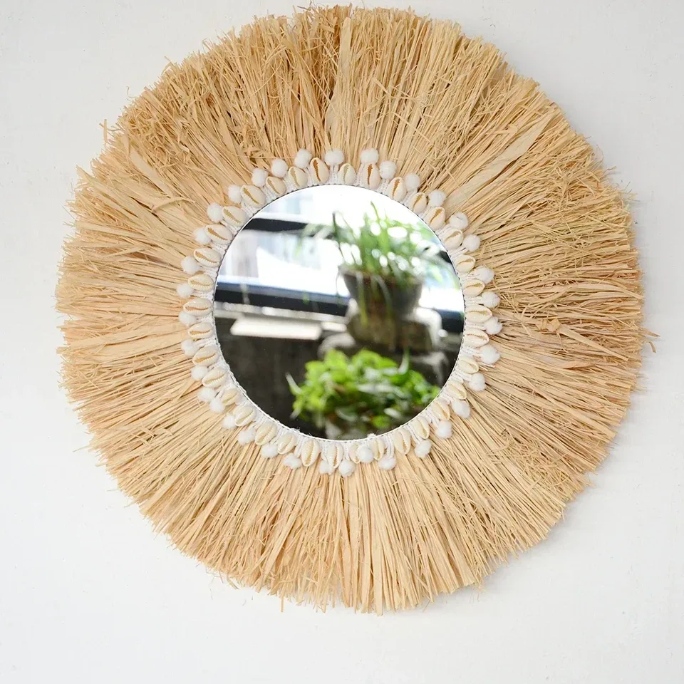 Miroir mural rond en raphia style boho