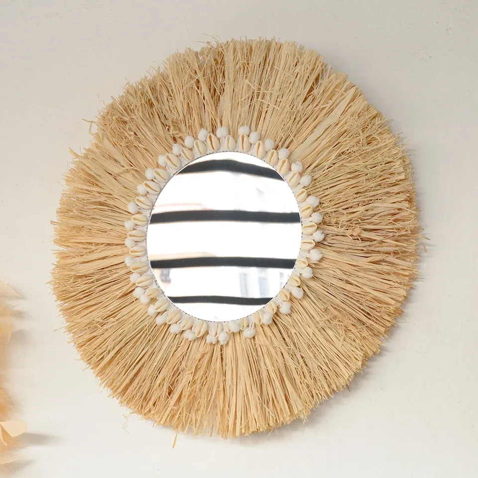Miroir mural rond en raphia style boho – Image 3