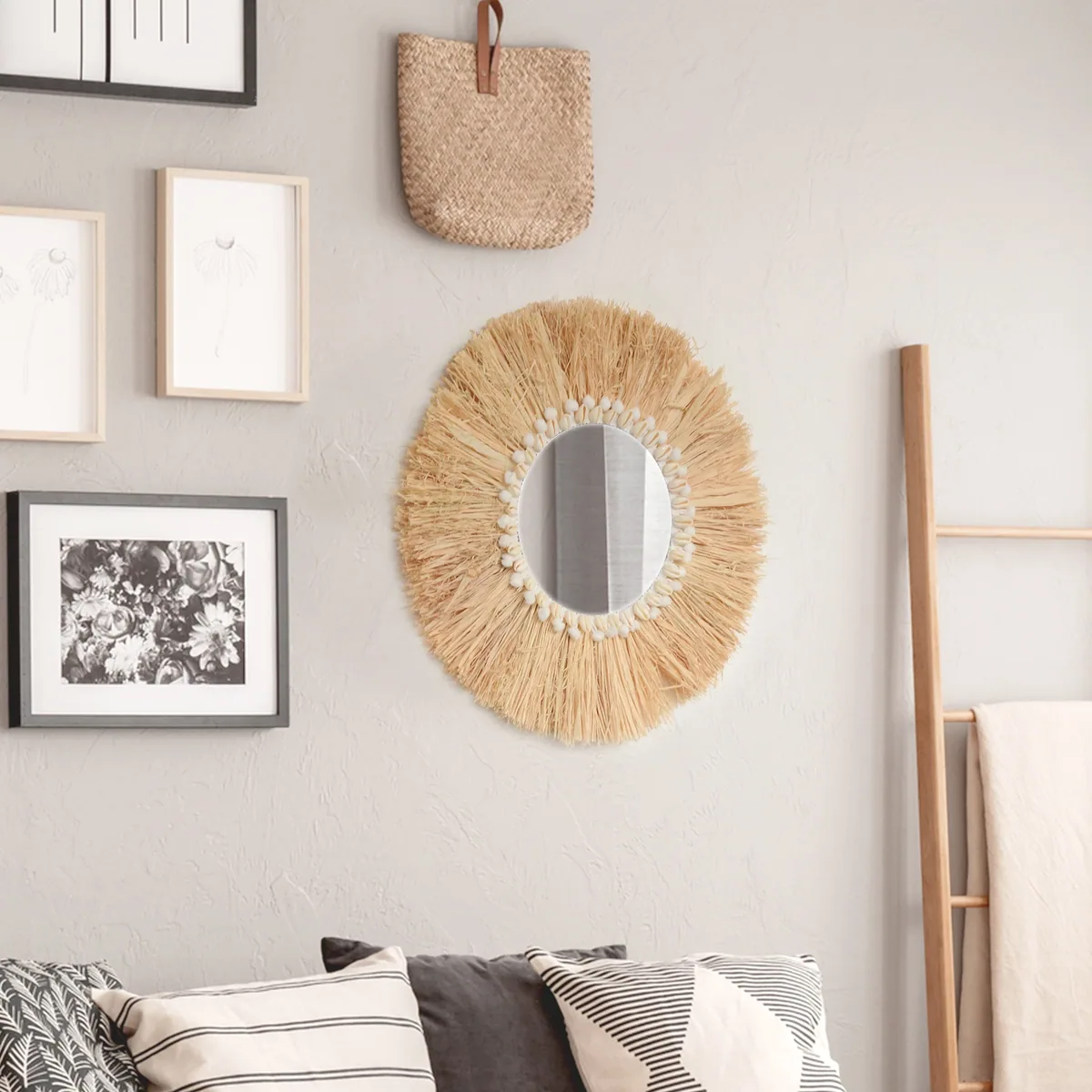 Miroir mural rond en raphia style boho – Image 4