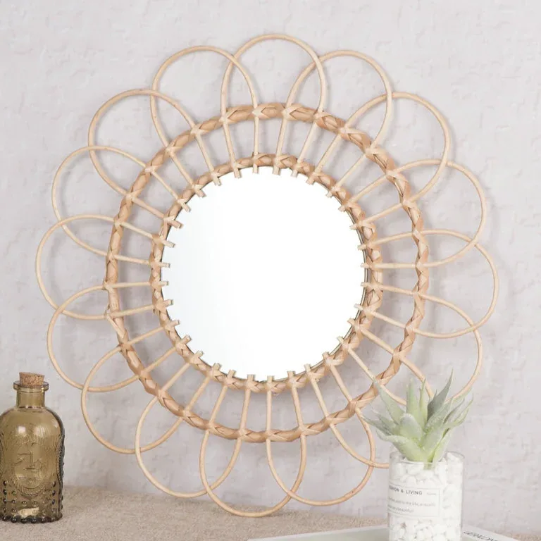 Miroir mural rond en rotin tressé motif tournesol – Image 3