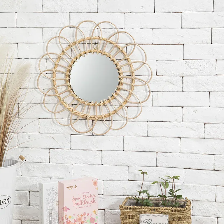 Miroir mural rond en rotin tressé motif tournesol – Image 4