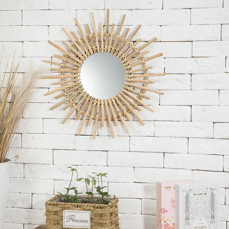 Miroir mural rond en rotin tressé motif tournesol – Image 5
