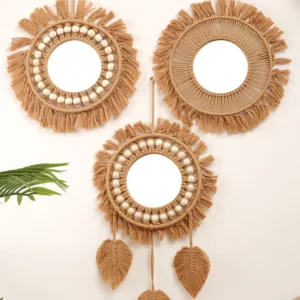 Miroir mural rond tissé à la main pour intérieur
