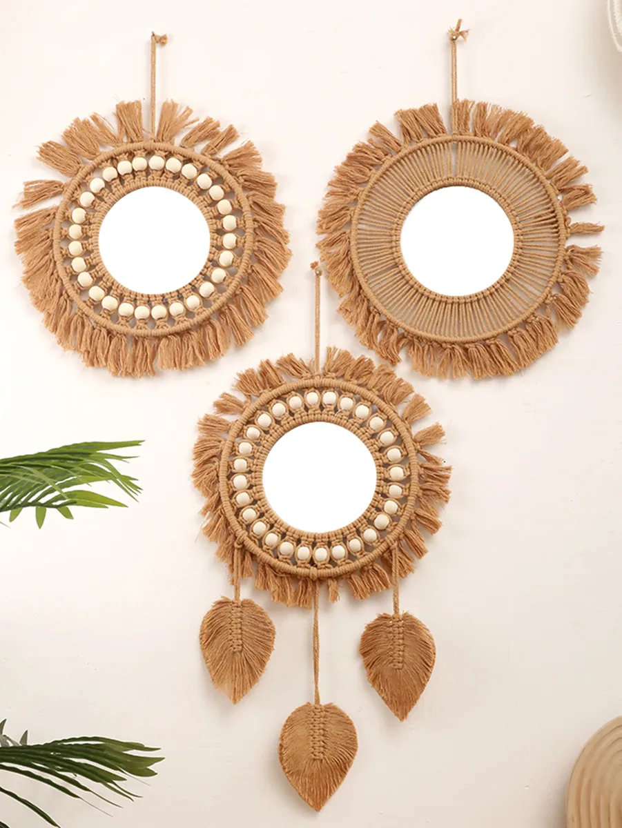 Miroir mural rond tissé à la main pour intérieur