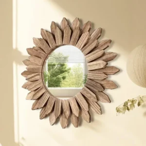 Miroir mural tournesol en bois rotin