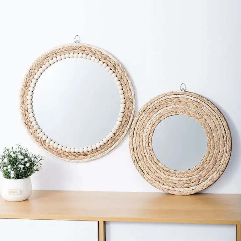 Miroir rond décoratif en rotin pour mur intérieur