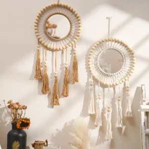 Miroir rond en perles de bois tissées — modèle KK055