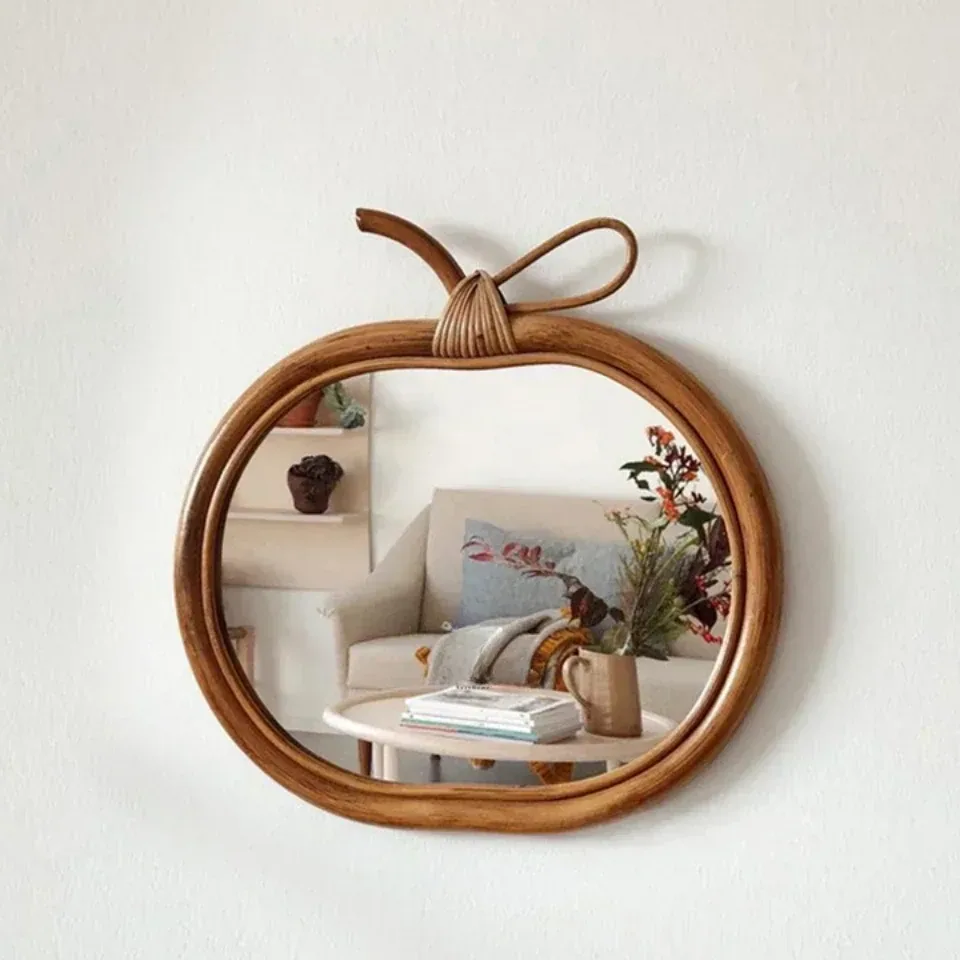 Miroir rond en rotin naturel suspendu, finition mate