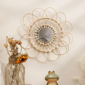 Miroir rond en rotin tissé style tournesol