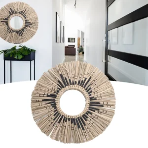 Miroir rond suspendu en paille tissée
