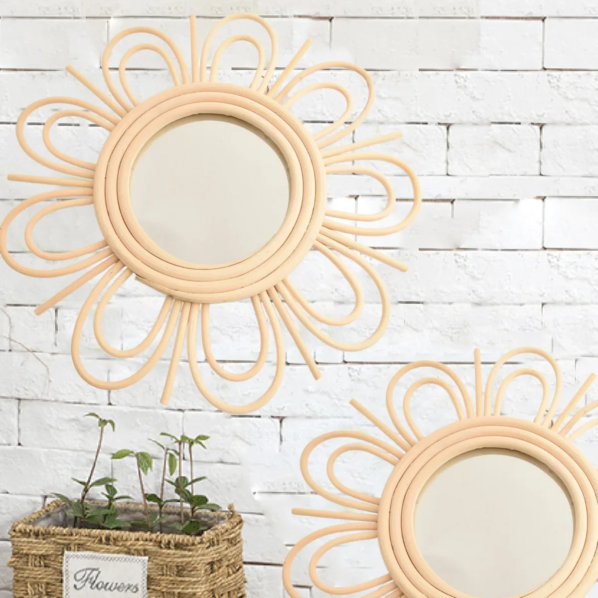 Miroir soleil bohème en rotin et verre rond – Image 4