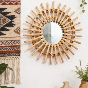 Miroir soleil en rotin tissé main burlywood