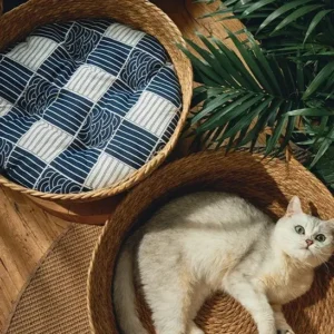 Nid tissé en rotin et bambou pour chat, quatre saisons