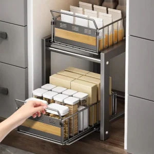 Organisateur coulissant double couche sous évier en fer et bambou