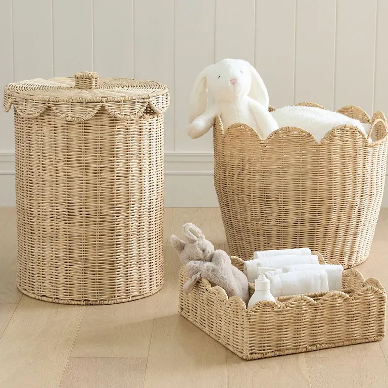 Panier à linge en osier tressé avec couvercle vague – Image 3