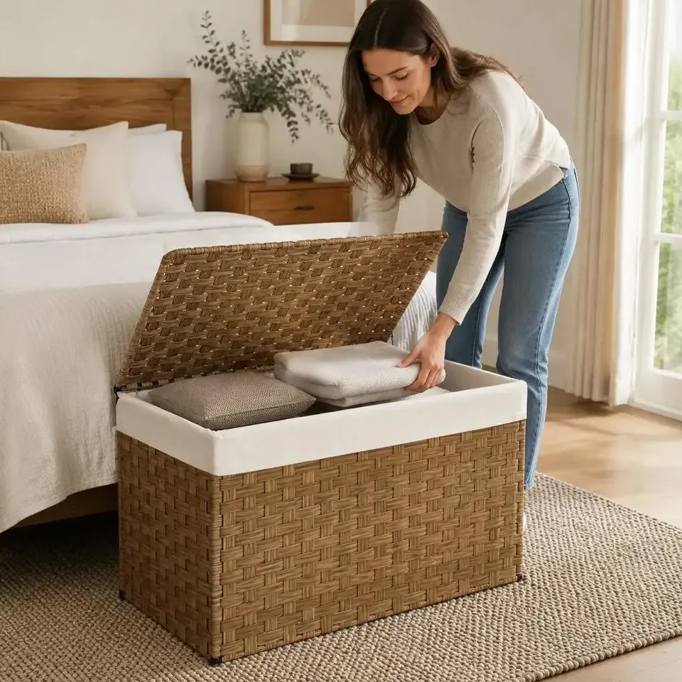 Panier à linge en polyrotin avec couvercle 55,5x35x34 cm – Image 2