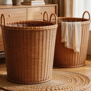Panier à linge en rotin tressé portable