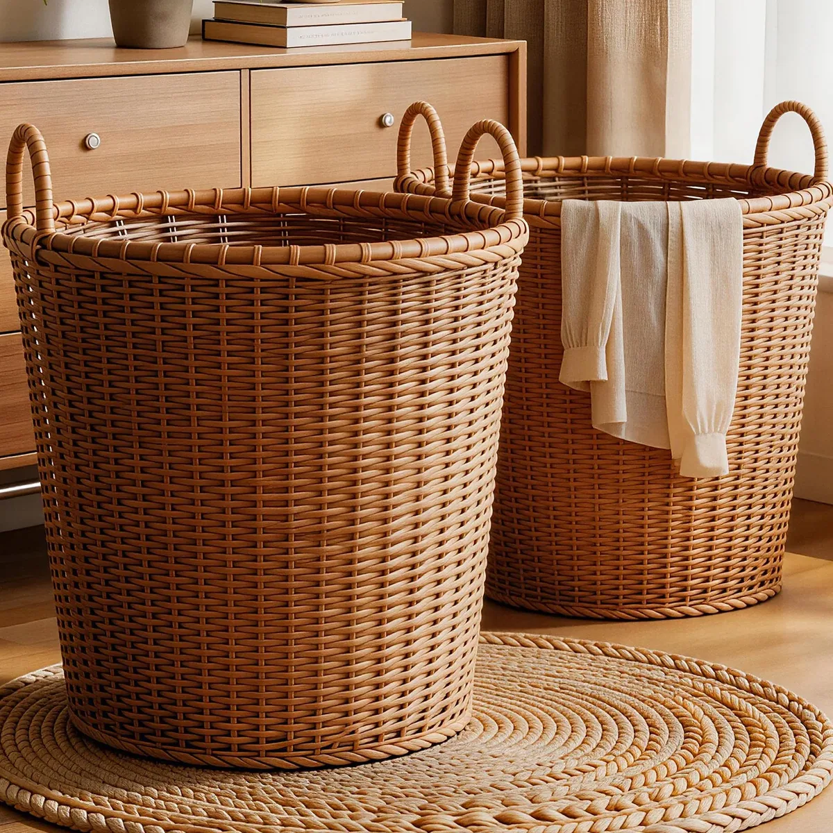 Panier à linge en rotin tressé portable