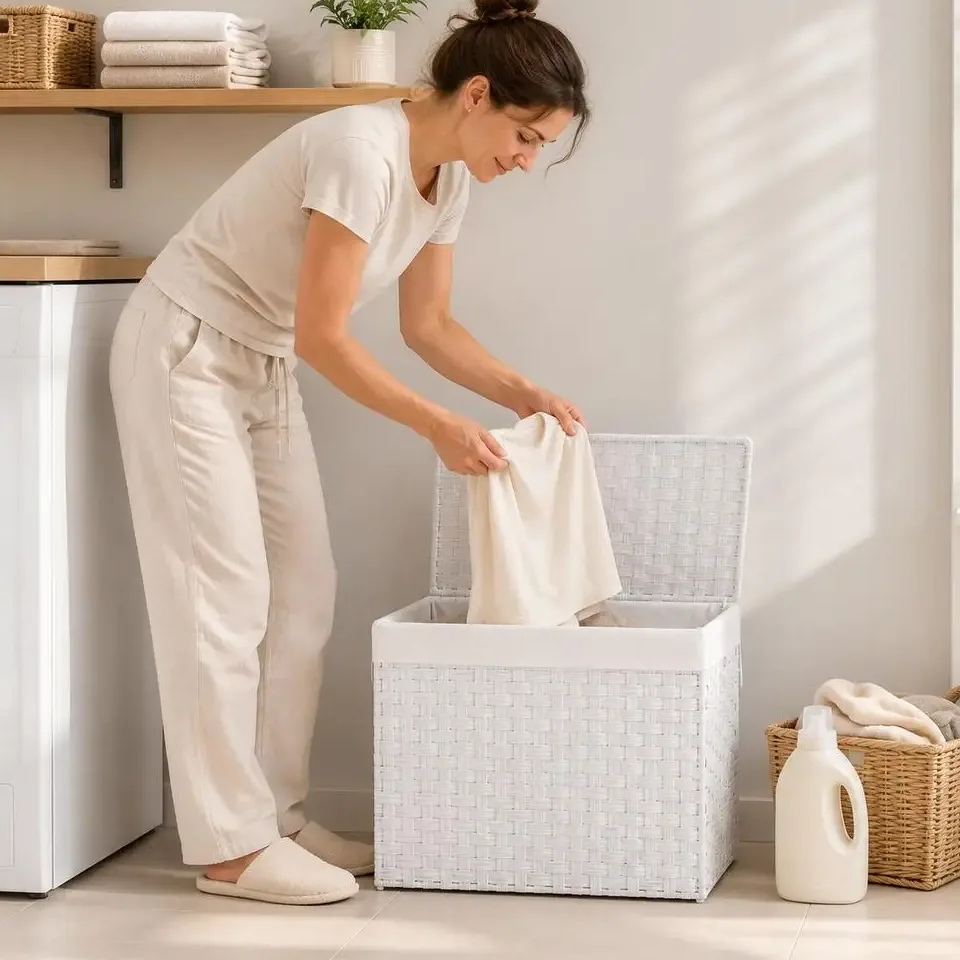 Panier à linge osier blanc avec couvercle 55,5x35x34 cm – Image 2