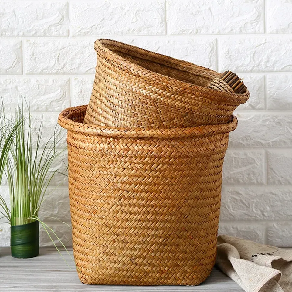 Panier à linge rond en osier tressé naturel – Image 4