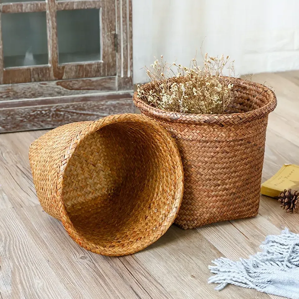 Panier à linge rond en osier tressé naturel – Image 5