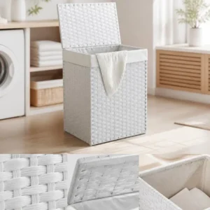 Panier à linge rotin blanc avec couvercle 46x33x60 cm