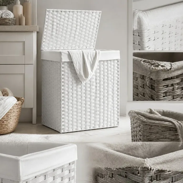 Panier à linge rotin blanc avec couvercle 46x33x60 cm – Image 2