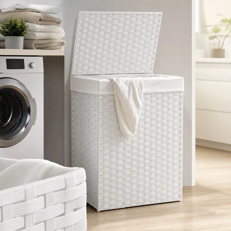 Panier à linge rotin blanc avec couvercle 46x33x60 cm – Image 3