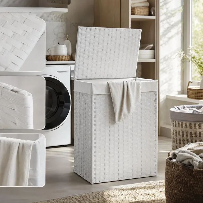 Panier à linge rotin blanc avec couvercle 46x33x60 cm – Image 5