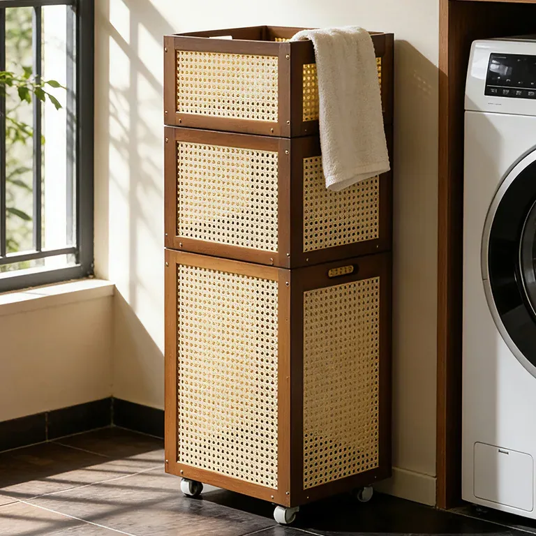 Panier à linge rotin tressé sur roulettes rétro – Image 3
