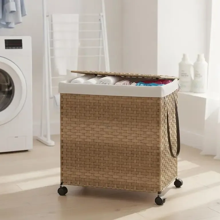 Panier à linge roulant en rotin synthétique 60x35x60.5 cm – Image 3