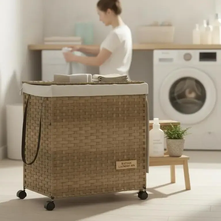 Panier à linge roulant en rotin synthétique 60x35x60.5 cm – Image 4