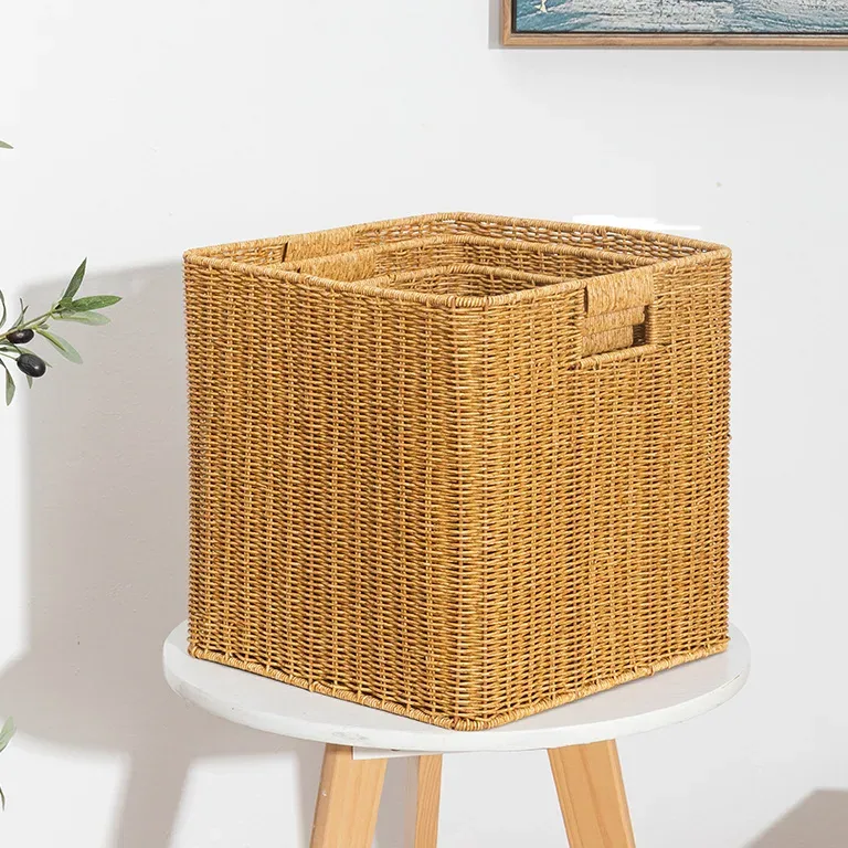 Panier de rangement carré tissé en rotin avec poignée – Image 2