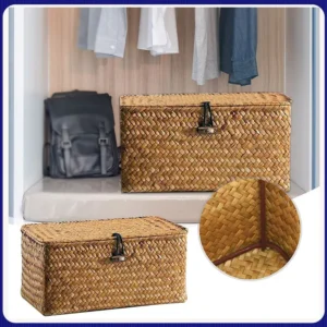 Panier de rangement en bambou tressé avec couvercle 120L