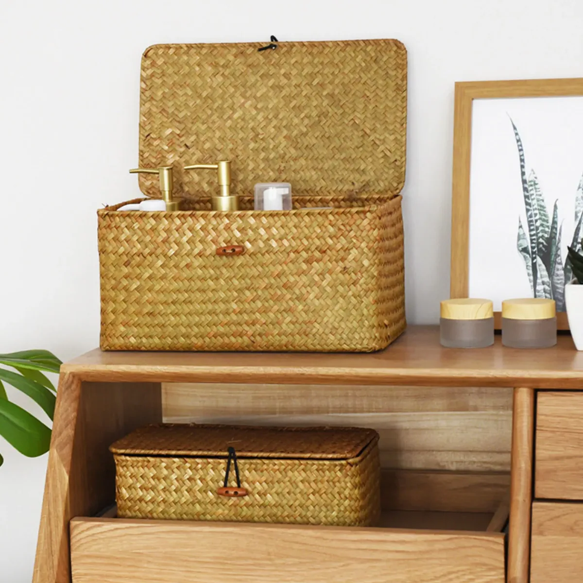 Panier de rangement en bambou tressé avec couvercle 120L – Image 2