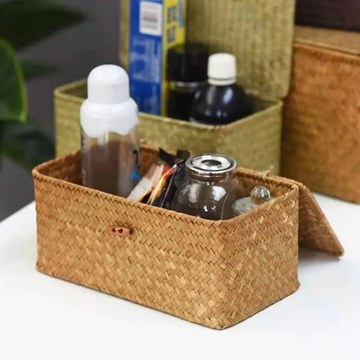 Panier de rangement en bambou tressé avec couvercle 120L – Image 3