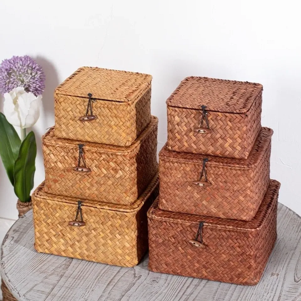 Panier de rangement en jonc de mer tressé avec couvercle – Image 2