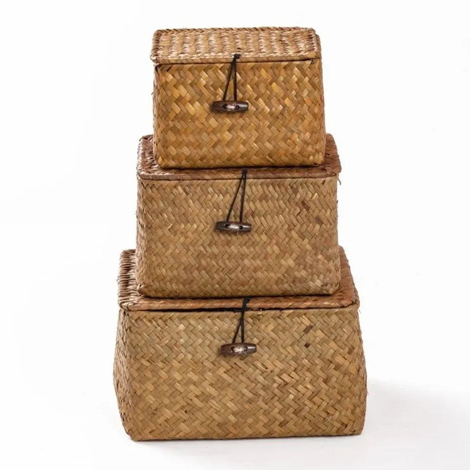 Panier de rangement en jonc de mer tressé avec couvercle – Image 3